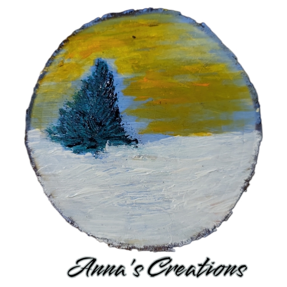 Anna's Creations Hand Crafted Painted Wood Round Magnet Pine Tree Winter Sun